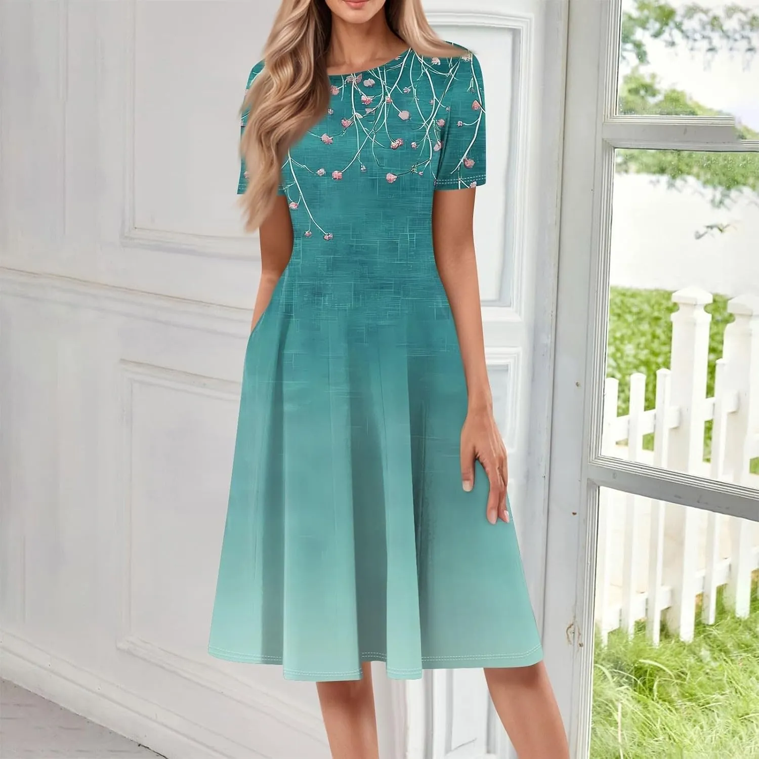 Summer Dresses for Women 2025,Trendy Elegant Floral Short Sleeve Maxi Dress,Casual Round Neck Ruffle Hem Dresses with Pockets
