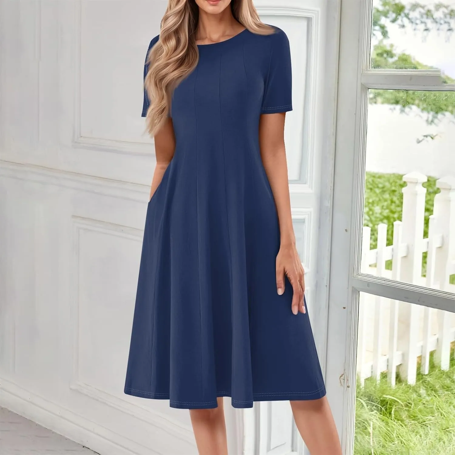 Summer Dresses for Women 2025,Trendy Elegant Floral Short Sleeve Maxi Dress,Casual Round Neck Ruffle Hem Dresses with Pockets