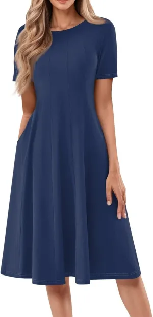 Summer Dresses for Women 2025,Trendy Elegant Floral Short Sleeve Maxi Dress,Casual Round Neck Ruffle Hem Dresses with Pockets