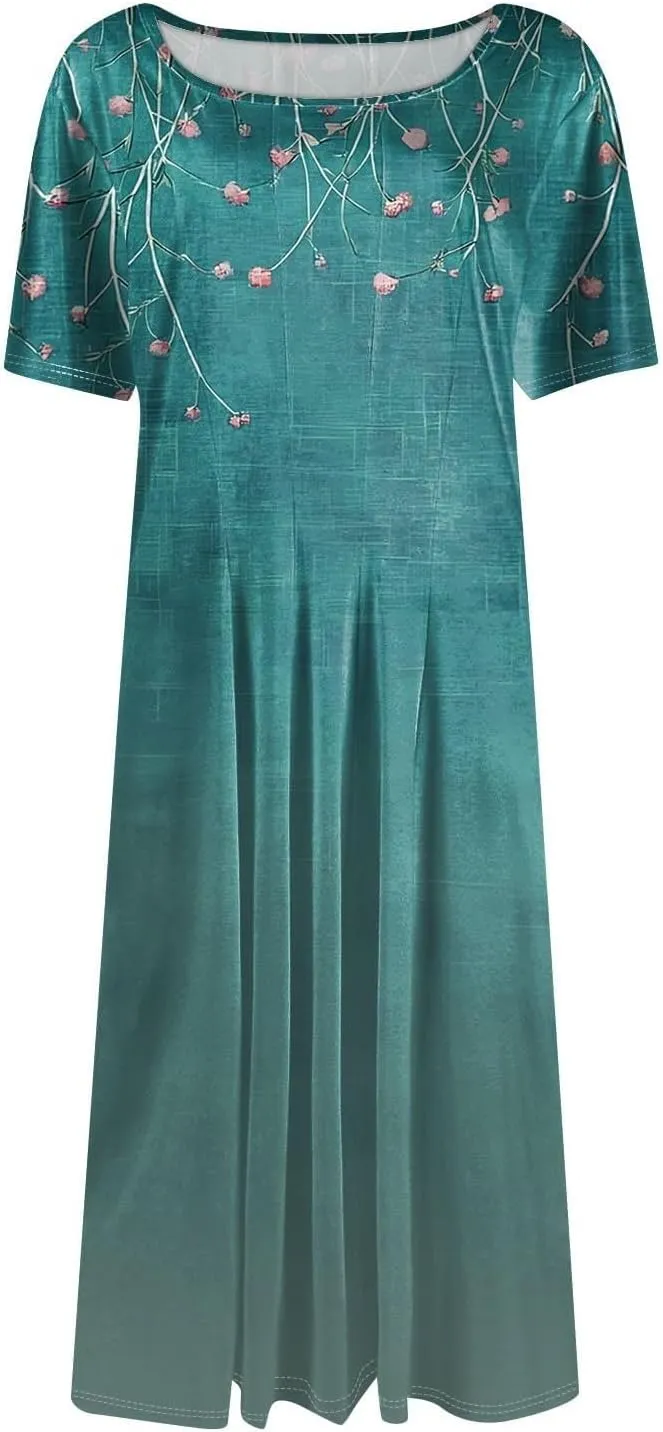 Summer Dresses for Women 2025,Trendy Elegant Floral Short Sleeve Maxi Dress,Casual Round Neck Ruffle Hem Dresses with Pockets