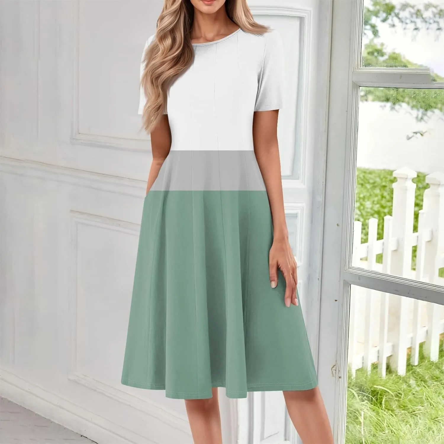 Summer Dresses for Women 2025,Trendy Elegant Floral Short Sleeve Maxi Dress,Casual Round Neck Ruffle Hem Dresses with Pockets