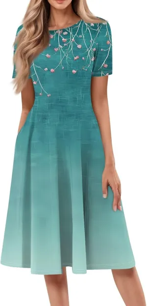 Summer Dresses for Women 2025,Trendy Elegant Floral Short Sleeve Maxi Dress,Casual Round Neck Ruffle Hem Dresses with Pockets