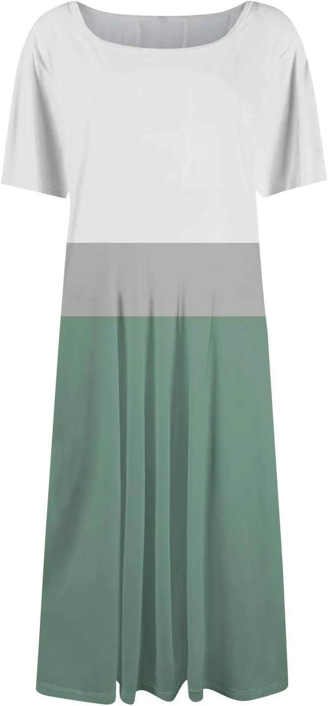 Summer Dresses for Women 2025,Trendy Elegant Floral Short Sleeve Maxi Dress,Casual Round Neck Ruffle Hem Dresses with Pockets