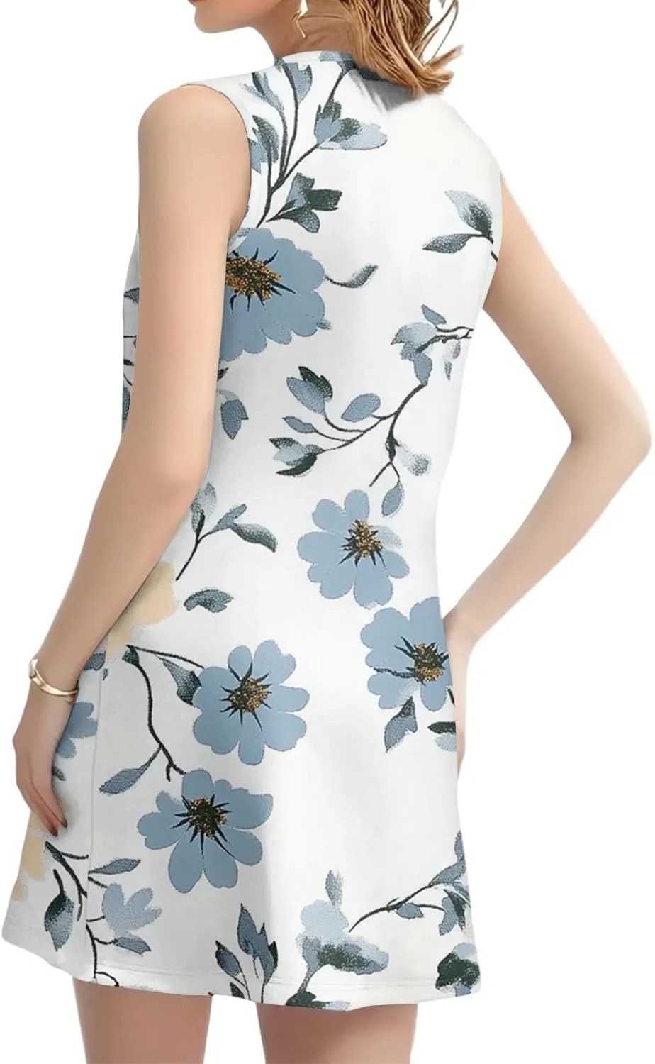 Summer Dresses for Women Casual Sundress Floral Printed Pleated Mini Dress with Pocket Beach Cover Up Swimsuits