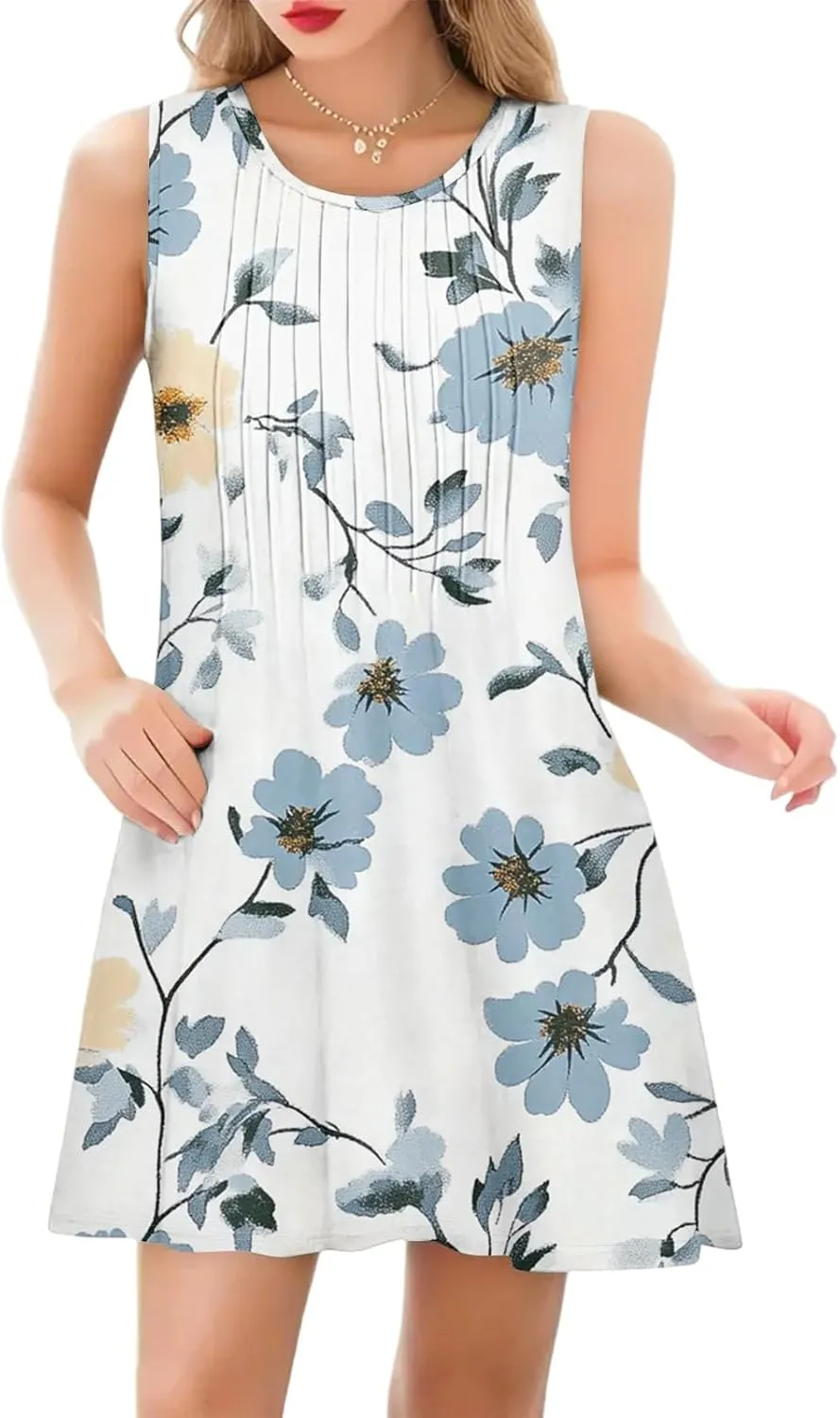 Summer Dresses for Women Casual Sundress Floral Printed Pleated Mini Dress with Pocket Beach Cover Up Swimsuits
