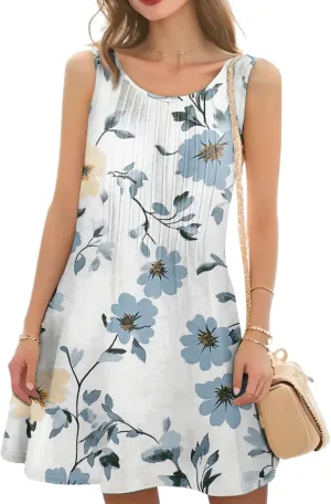 Summer Dresses for Women Casual Sundress Floral Printed Pleated Mini Dress with Pocket Beach Cover Up Swimsuits