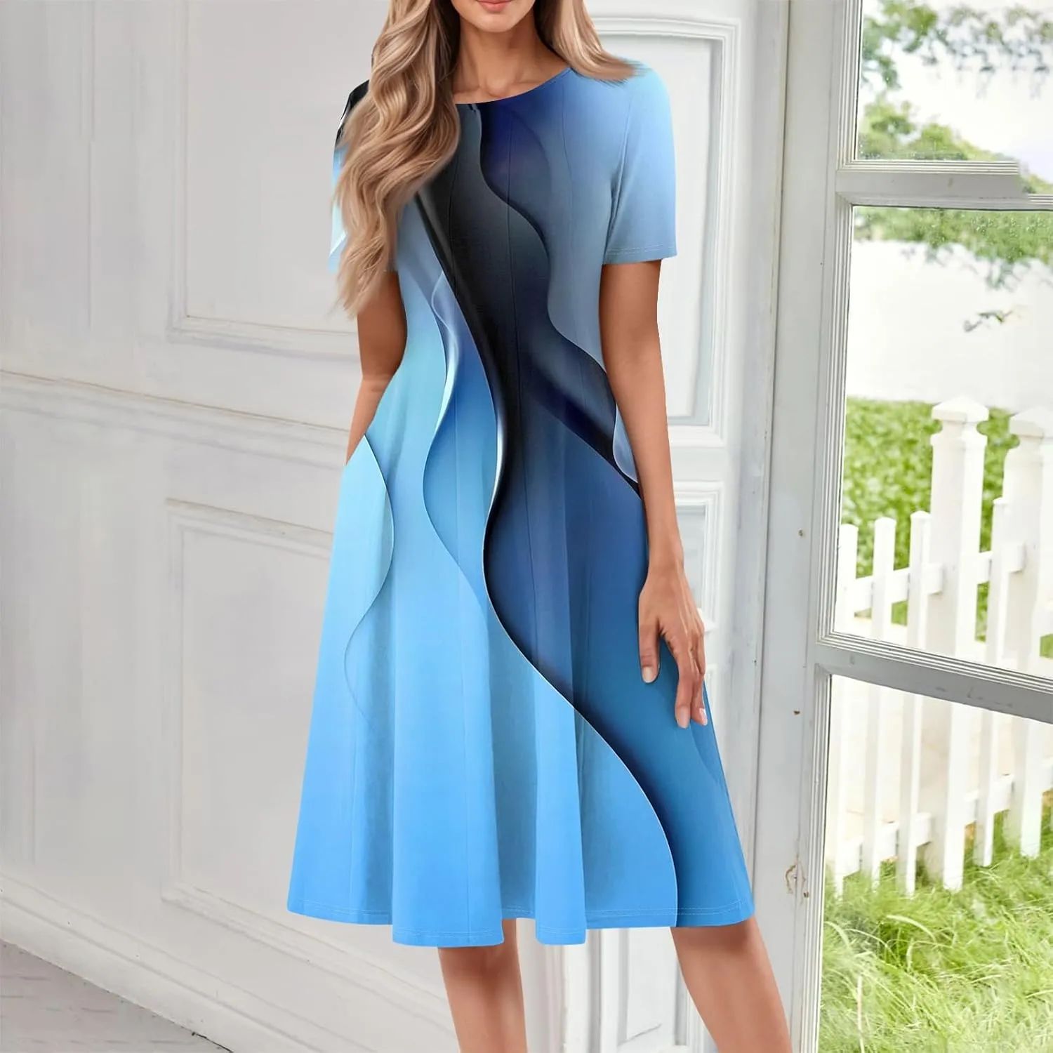 Summer Dresses for Women Flowy Casual Midi Dresses Aline Beach Tshirt Dress Floral Short Sleeve Dress with Pockets
