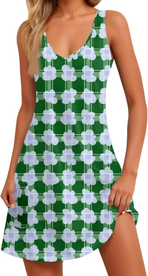 Summer Dresses for Women Flowy Sundresses Loose Casual Tshirt Tank Dresses Printed Sleeveless Mini Dress with Pockets