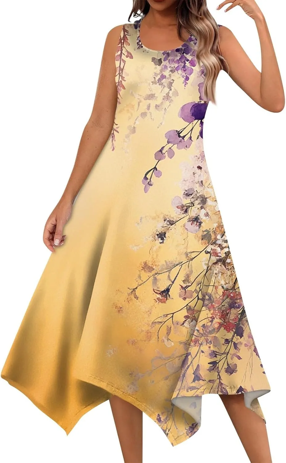 Summer Dresses for Women Summer Casual Beach Sundresses Flowy Hankerchief Hem Midi Tank Dresses Floral Sleeveless Dress