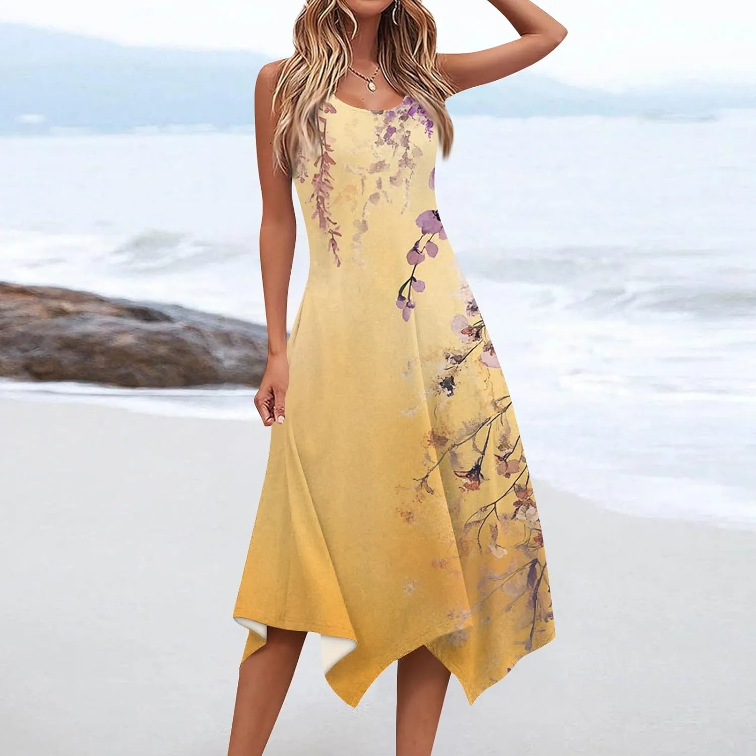 Summer Dresses for Women Summer Casual Beach Sundresses Flowy Hankerchief Hem Midi Tank Dresses Floral Sleeveless Dress