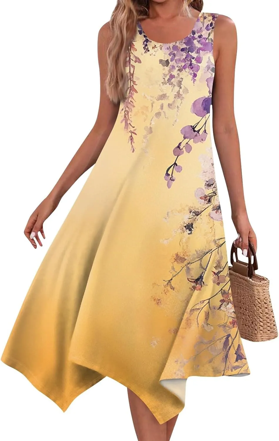 Summer Dresses for Women Summer Casual Beach Sundresses Flowy Hankerchief Hem Midi Tank Dresses Floral Sleeveless Dress