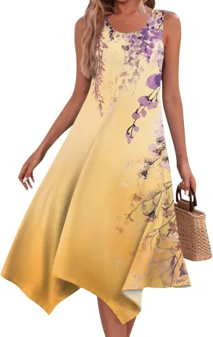 Summer Dresses for Women Summer Casual Beach Sundresses Flowy Hankerchief Hem Midi Tank Dresses Floral Sleeveless Dress