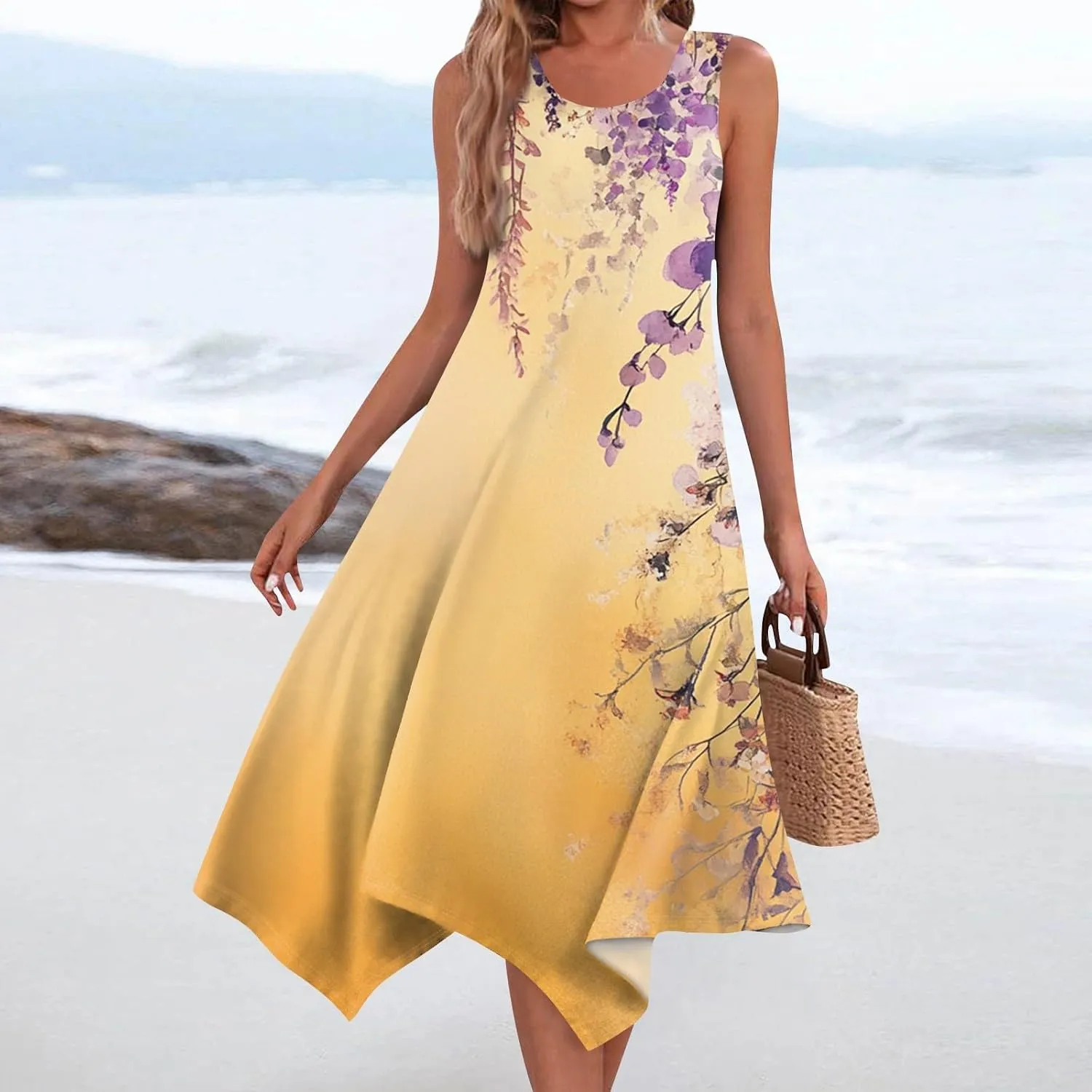 Summer Dresses for Women Summer Casual Beach Sundresses Flowy Hankerchief Hem Midi Tank Dresses Floral Sleeveless Dress