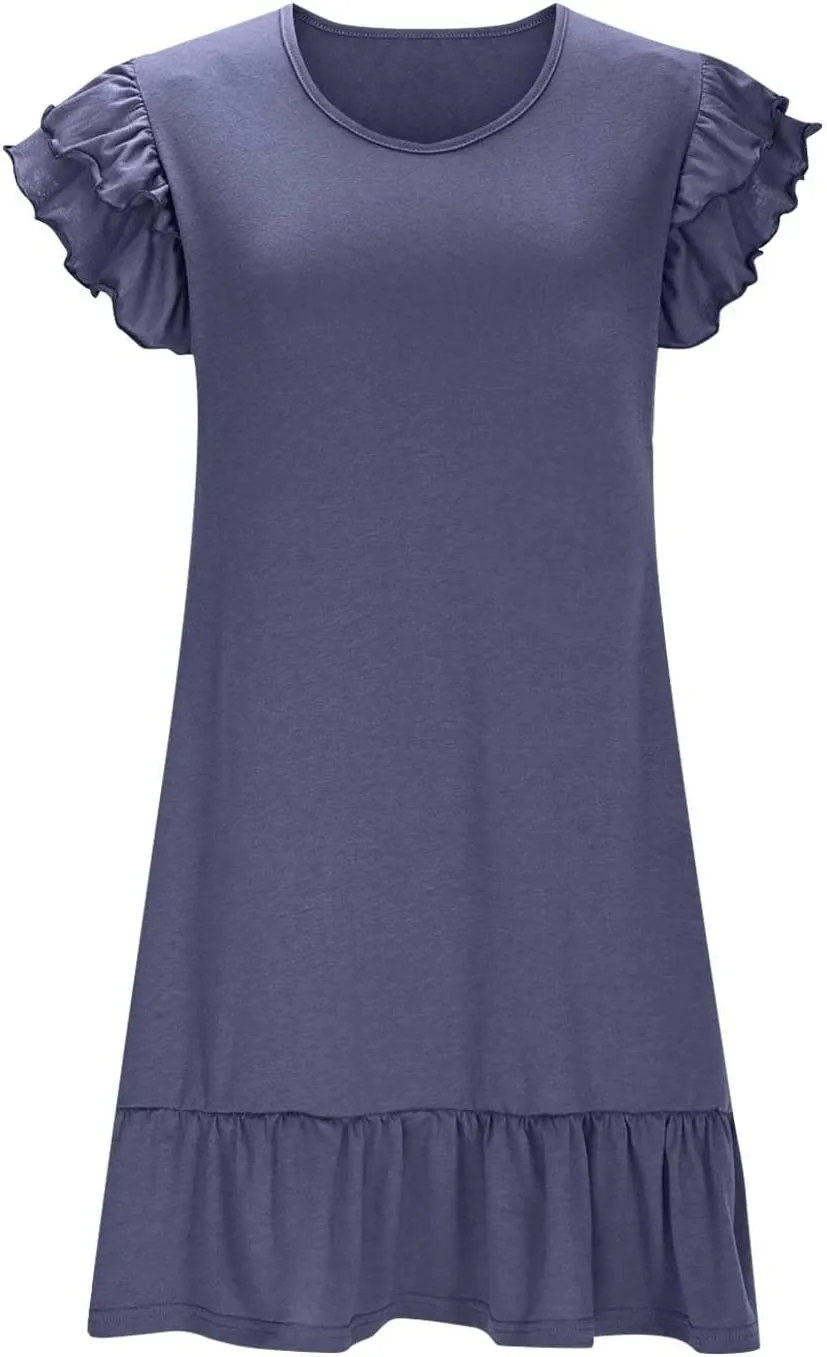 Summer Dresses for Women Trendy Ruffle Pleated Short Sleeve V-Neck T-Shirt Dress Beach Vacation Mini Dress