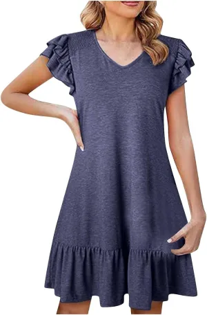 Summer Dresses for Women Trendy Ruffle Pleated Short Sleeve V-Neck T-Shirt Dress Beach Vacation Mini Dress