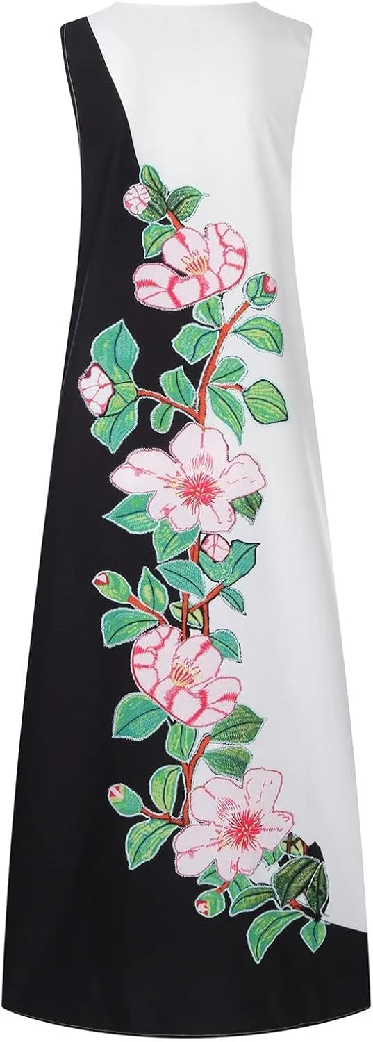 Summer Dresses for Women Trendy Sunflower Print Notch V Neck Maxi Dress Casual Sleeveless Beach Sundress with Pockets