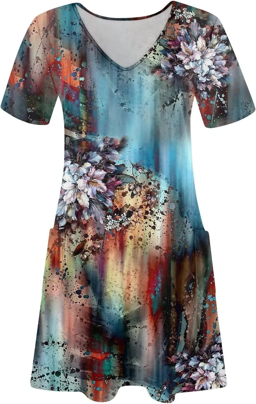 Summer Dresses for Women V-Neck Short Sleeve T Shirt Dress Casual Sundresses Floral Swimsuit Coverup Loose with Pockets
