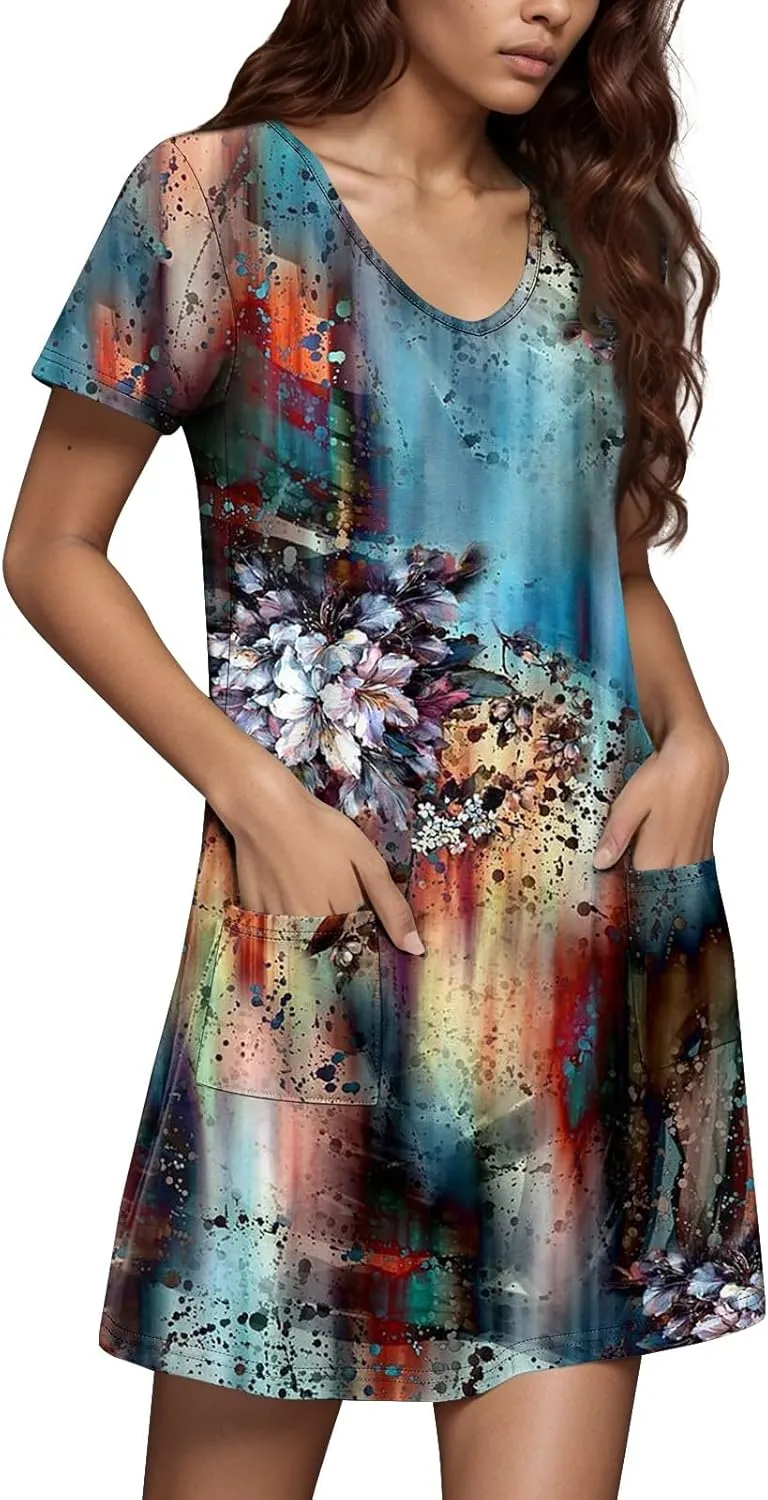 Summer Dresses for Women V-Neck Short Sleeve T Shirt Dress Casual Sundresses Floral Swimsuit Coverup Loose with Pockets