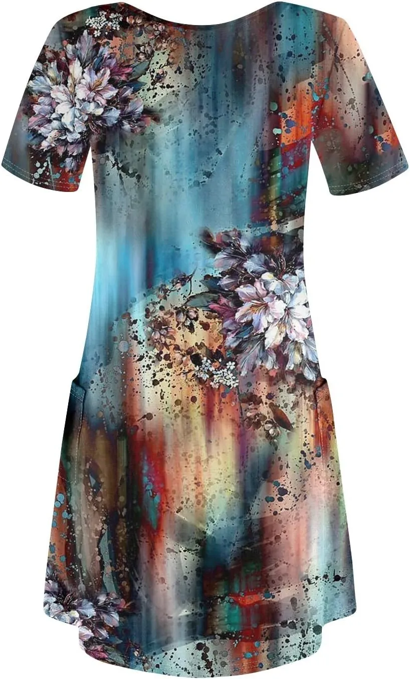 Summer Dresses for Women V-Neck Short Sleeve T Shirt Dress Casual Sundresses Floral Swimsuit Coverup Loose with Pockets
