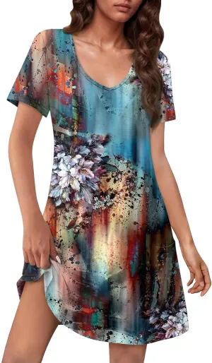 Summer Dresses for Women V-Neck Short Sleeve T Shirt Dress Casual Sundresses Floral Swimsuit Coverup Loose with Pockets