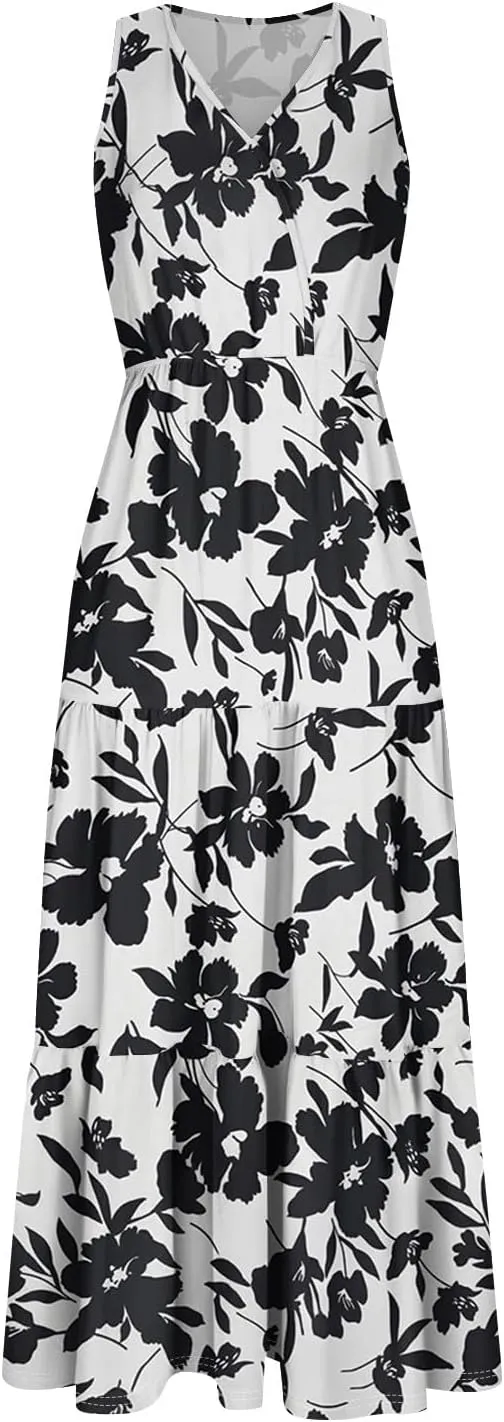 Summer Maxi Dresses for Women 2025 Casual V Neck Sleeveless Floral Long Dress Smocked Beach Wedding Guest Flowy Dresses