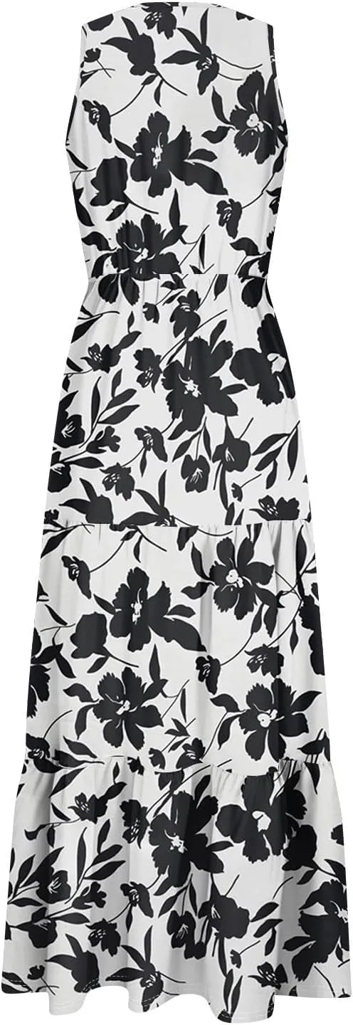 Summer Maxi Dresses for Women 2025 Casual V Neck Sleeveless Floral Long Dress Smocked Beach Wedding Guest Flowy Dresses