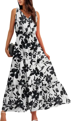 Summer Maxi Dresses for Women 2025 Casual V Neck Sleeveless Floral Long Dress Smocked Beach Wedding Guest Flowy Dresses