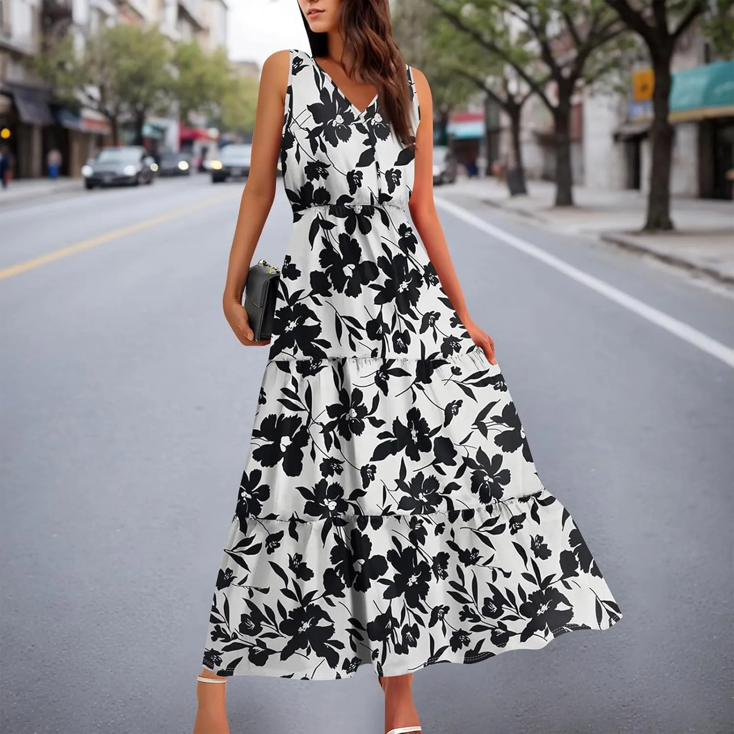 Summer Maxi Dresses for Women 2025 Casual V Neck Sleeveless Floral Long Dress Smocked Beach Wedding Guest Flowy Dresses