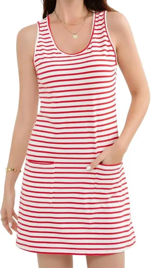 Sun Dresses for Women 2025 Vacation Sleeveless Crew Neck Mini Sundress Trendy Stripes Print Casual Dress with Pockets