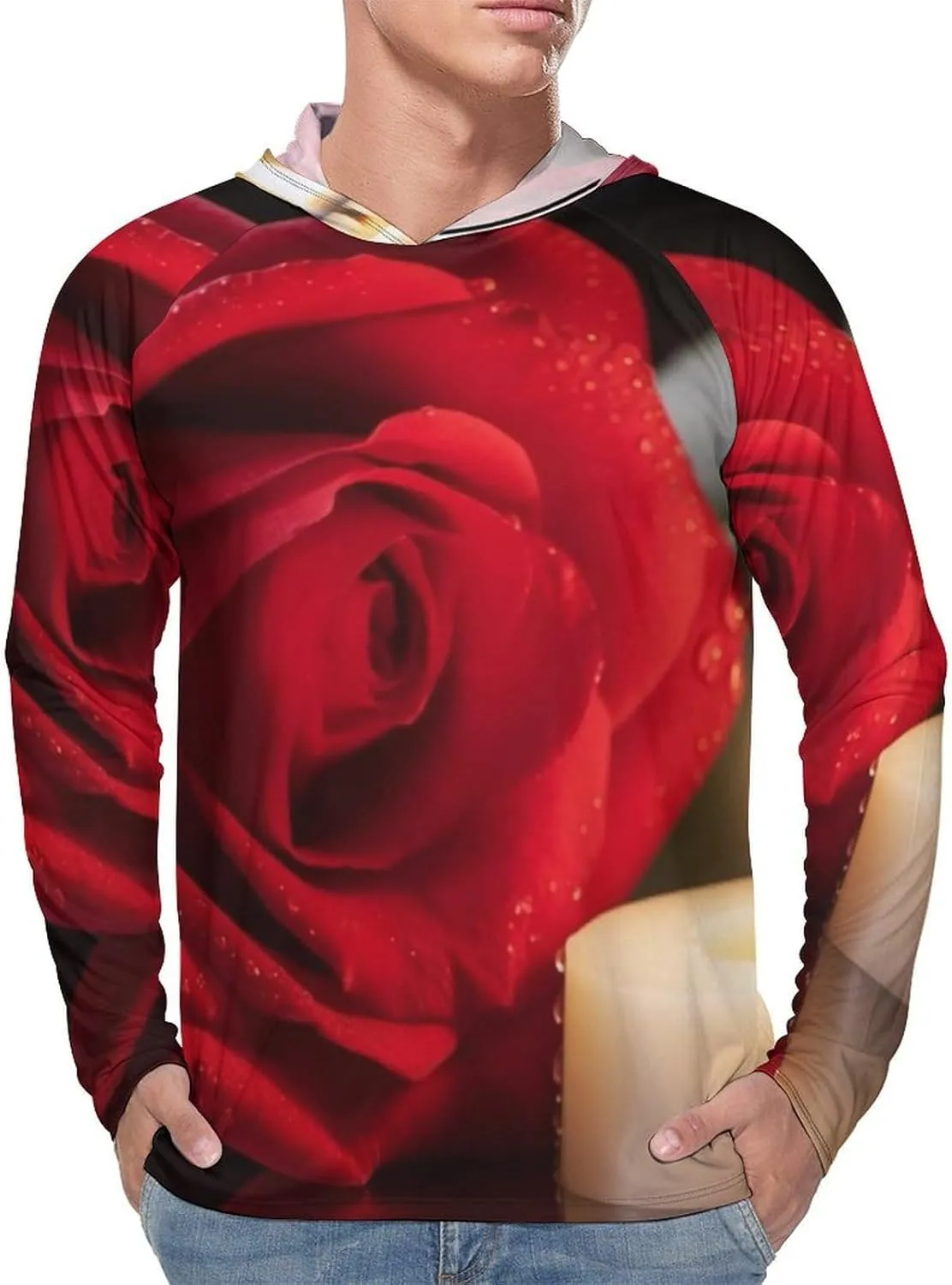 Sun Protection Shirt Long Sleeve Hoodie Red Rose with Candlev Lightweight Rash Guard Quick Dry Sun Shirt for Outdoor
