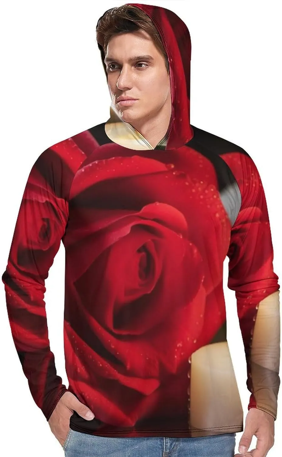 Sun Protection Shirt Long Sleeve Hoodie Red Rose with Candlev Lightweight Rash Guard Quick Dry Sun Shirt for Outdoor