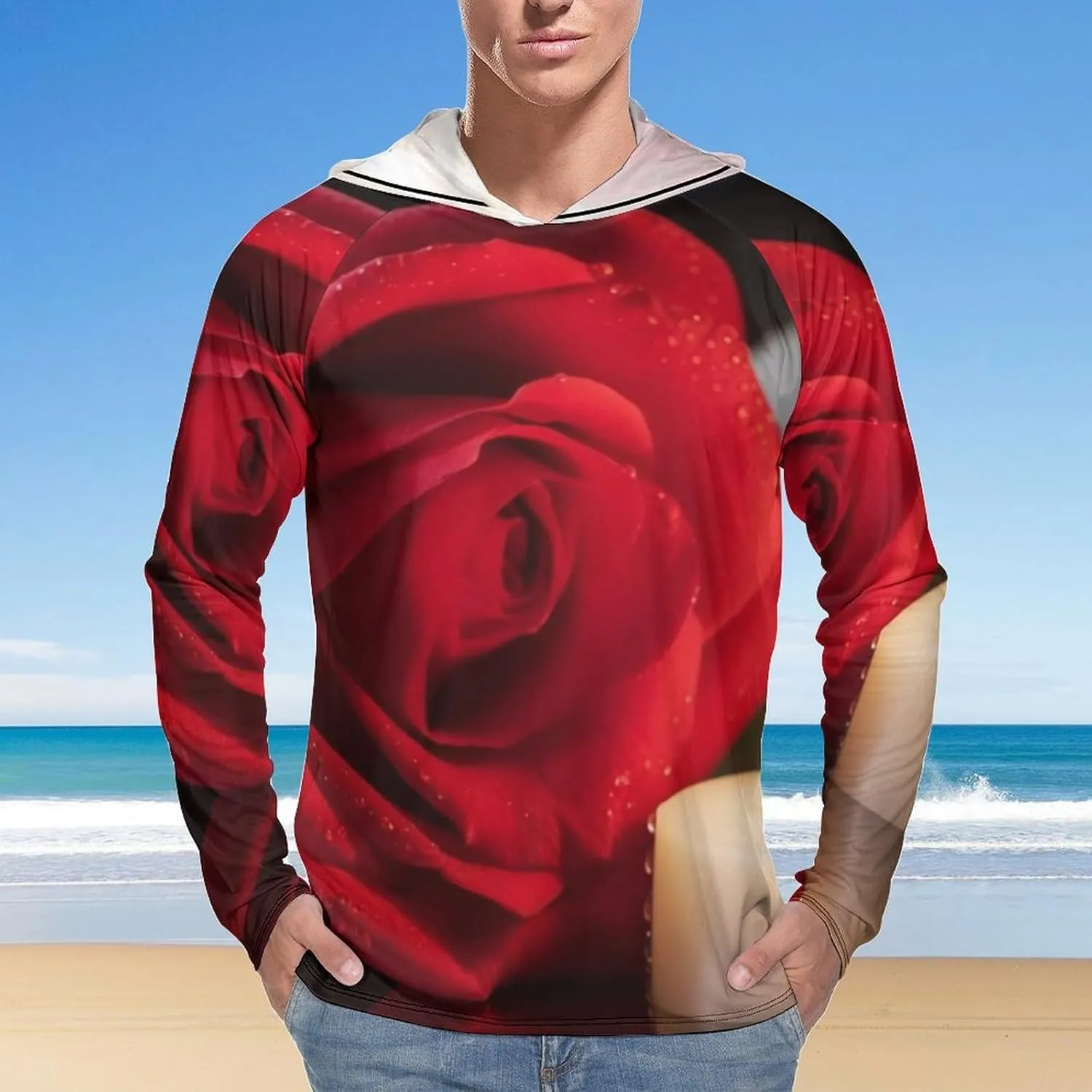 Sun Protection Shirt Long Sleeve Hoodie Red Rose with Candlev Lightweight Rash Guard Quick Dry Sun Shirt for Outdoor