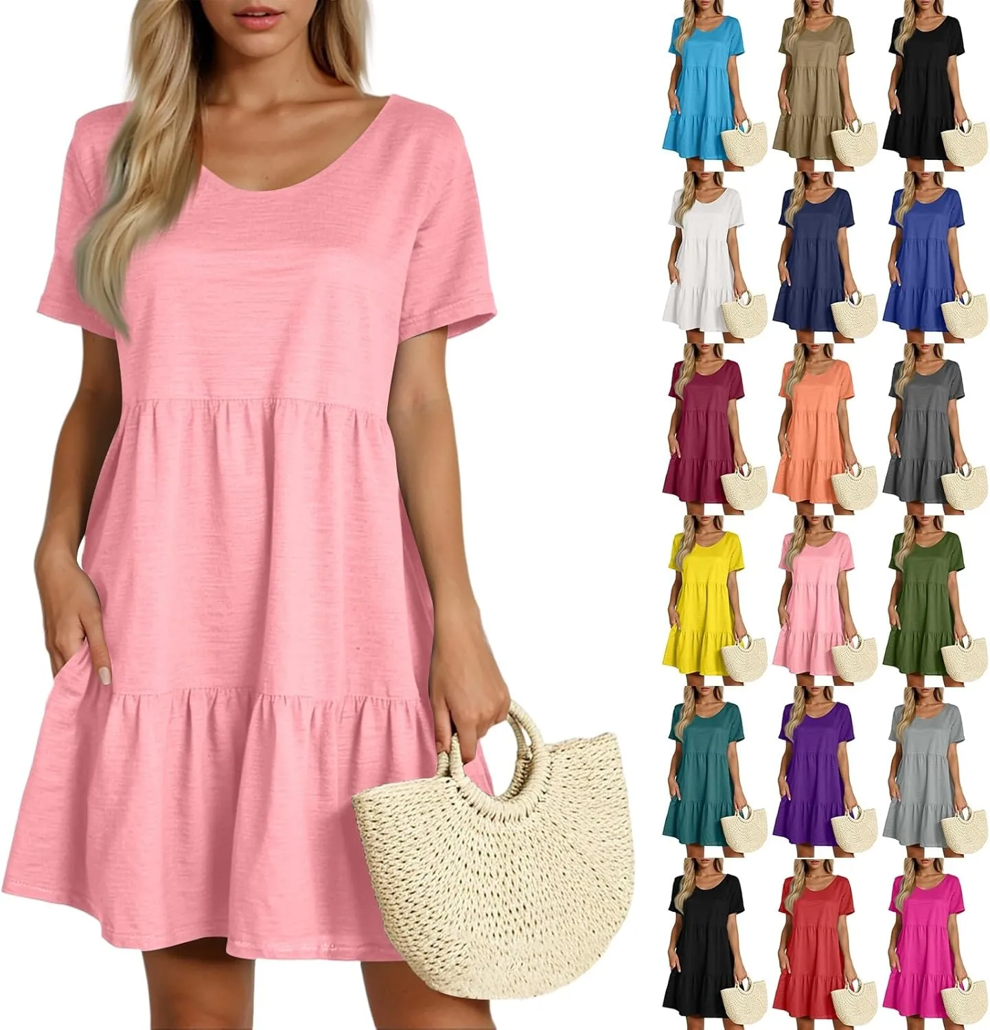 Sundresses for Women 2025 Tiered Flowy A Line Tshirt Dress Summer Loose Casual Boho Beach Cake Dresses with Pockets