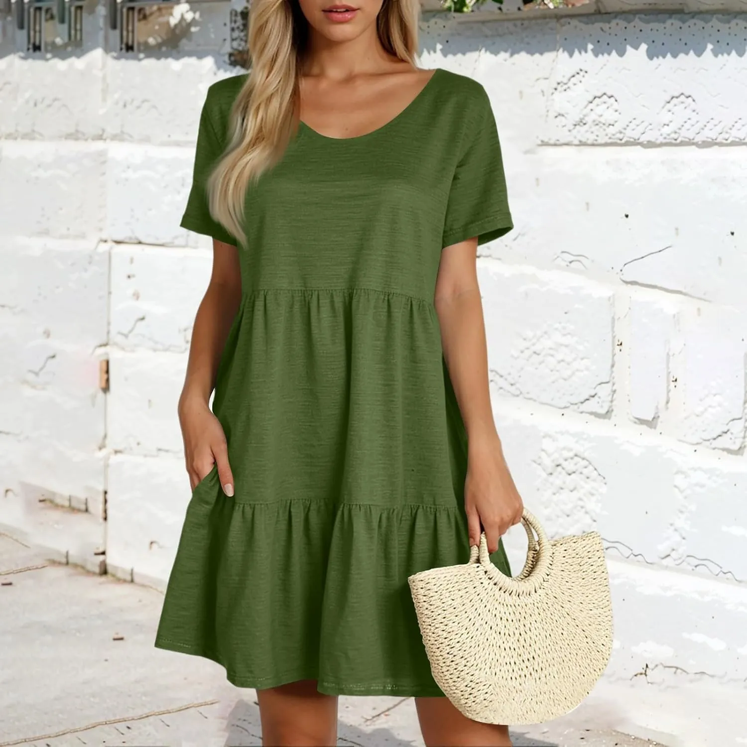 Sundresses for Women 2025 Tiered Flowy A Line Tshirt Dress Summer Loose Casual Boho Beach Cake Dresses with Pockets