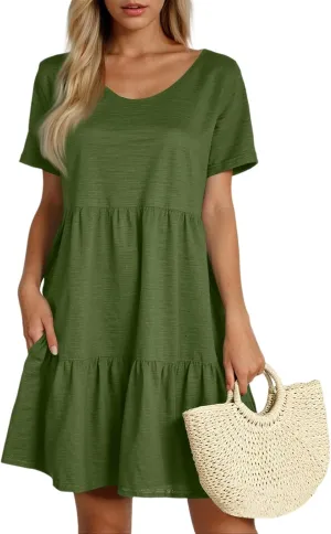 Sundresses for Women 2025 Tiered Flowy A Line Tshirt Dress Summer Loose Casual Boho Beach Cake Dresses with Pockets