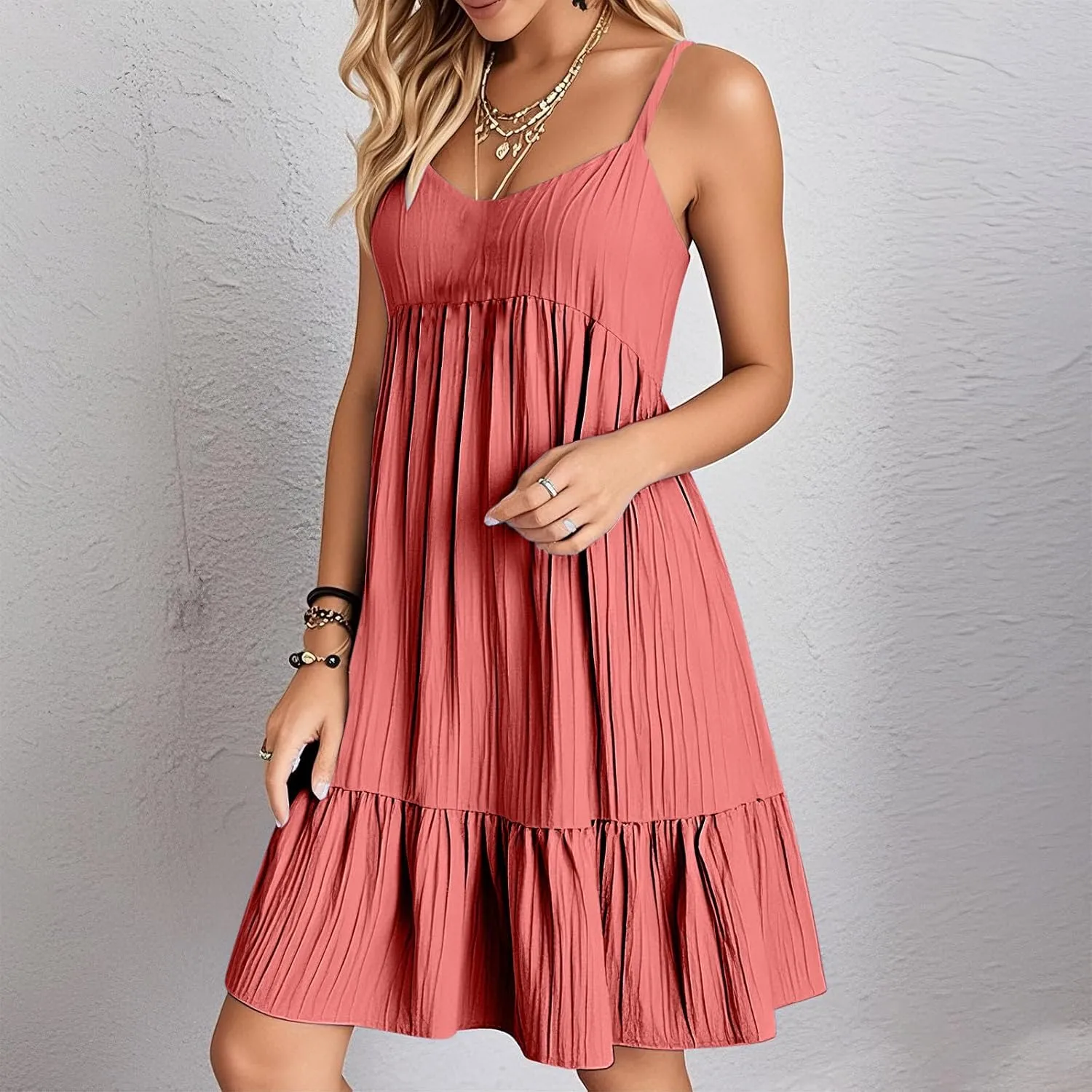Sundresses for Women 2025 Vacation Outfits V Neck Spaghetti Strap Mini Dress Pleated Ruffle Flowy Summer Dresses