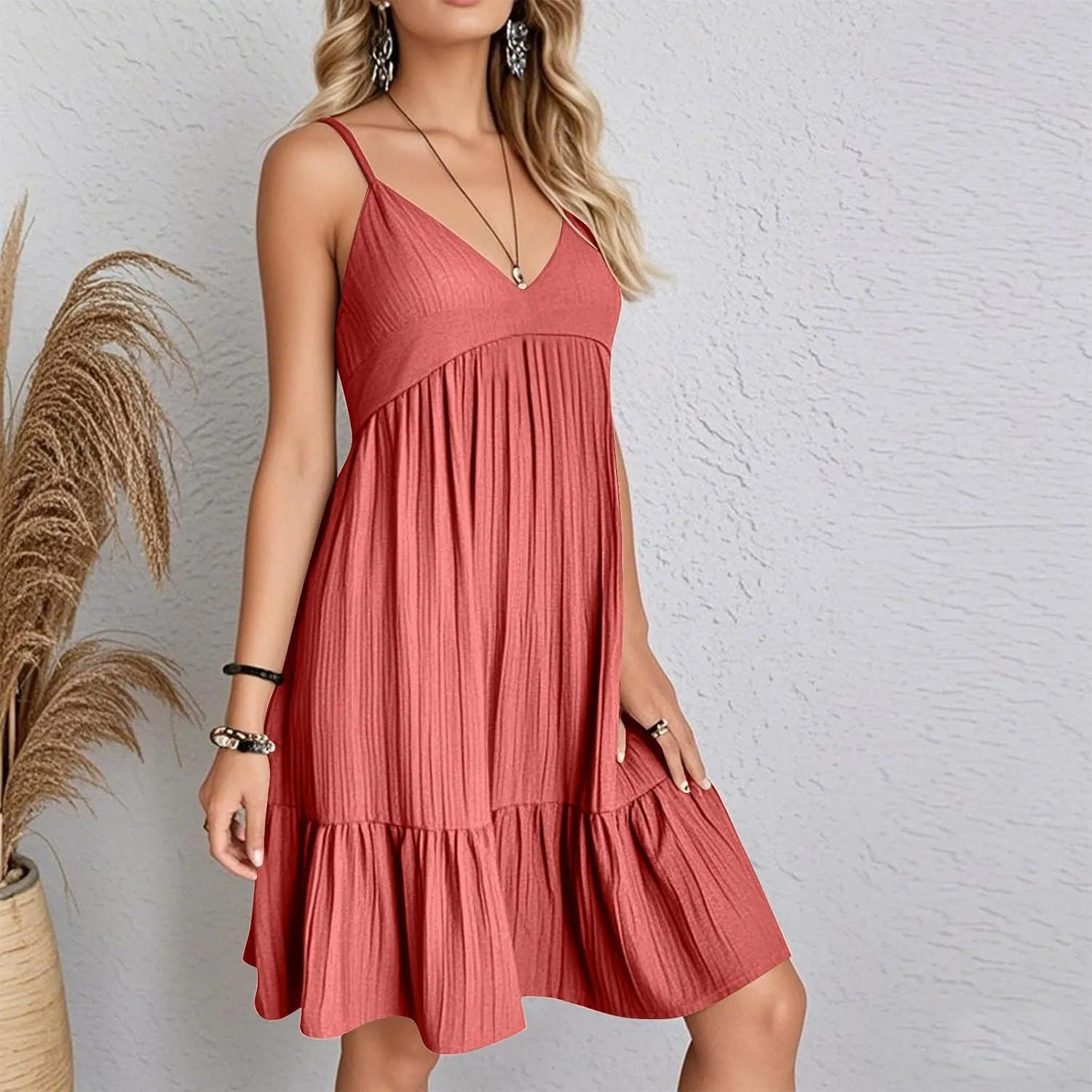 Sundresses for Women 2025 Vacation Outfits V Neck Spaghetti Strap Mini Dress Pleated Ruffle Flowy Summer Dresses