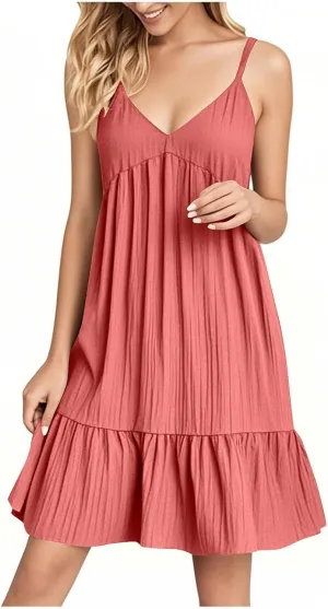 Sundresses for Women 2025 Vacation Outfits V Neck Spaghetti Strap Mini Dress Pleated Ruffle Flowy Summer Dresses