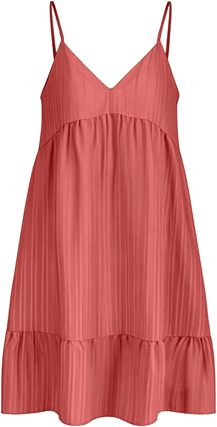 Sundresses for Women 2025 Vacation Outfits V Neck Spaghetti Strap Mini Dress Pleated Ruffle Flowy Summer Dresses