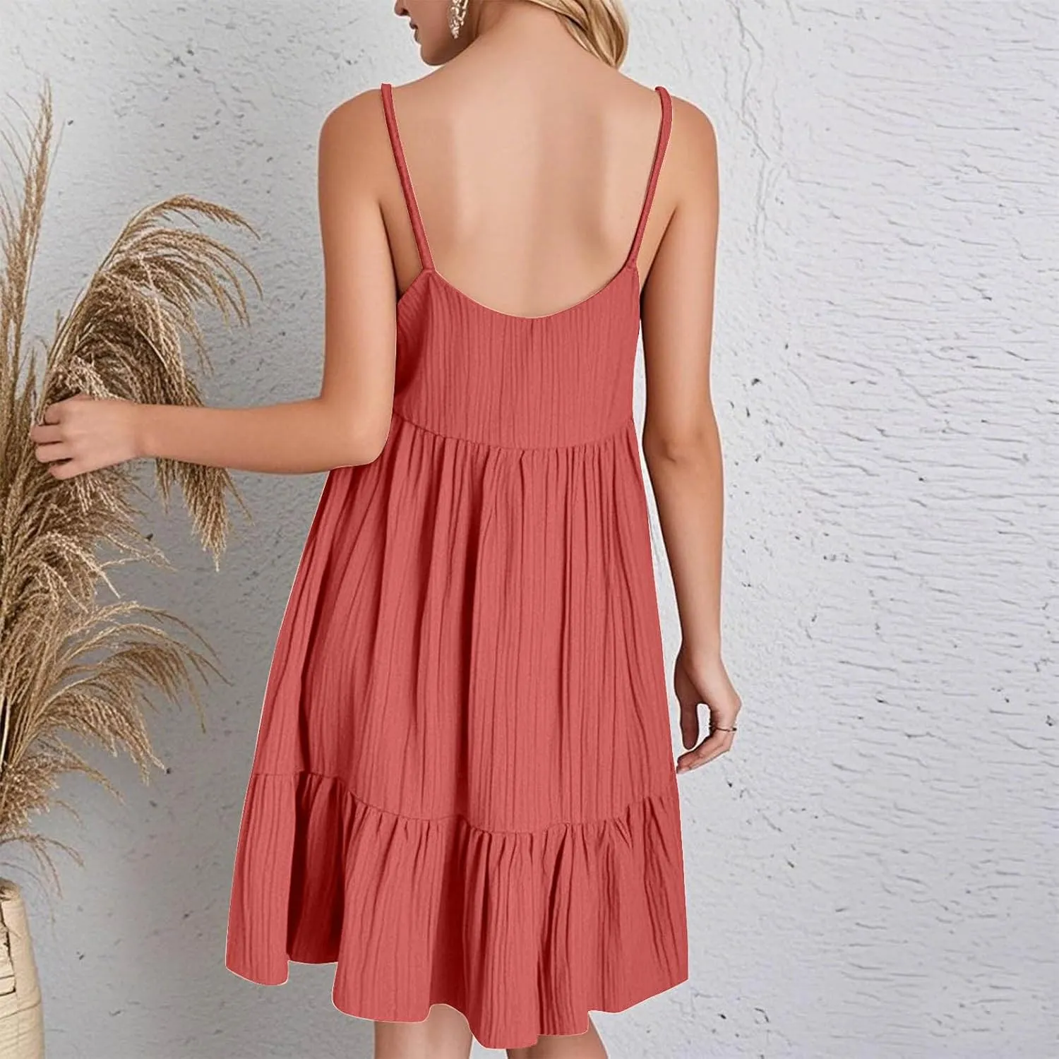 Sundresses for Women 2025 Vacation Outfits V Neck Spaghetti Strap Mini Dress Pleated Ruffle Flowy Summer Dresses