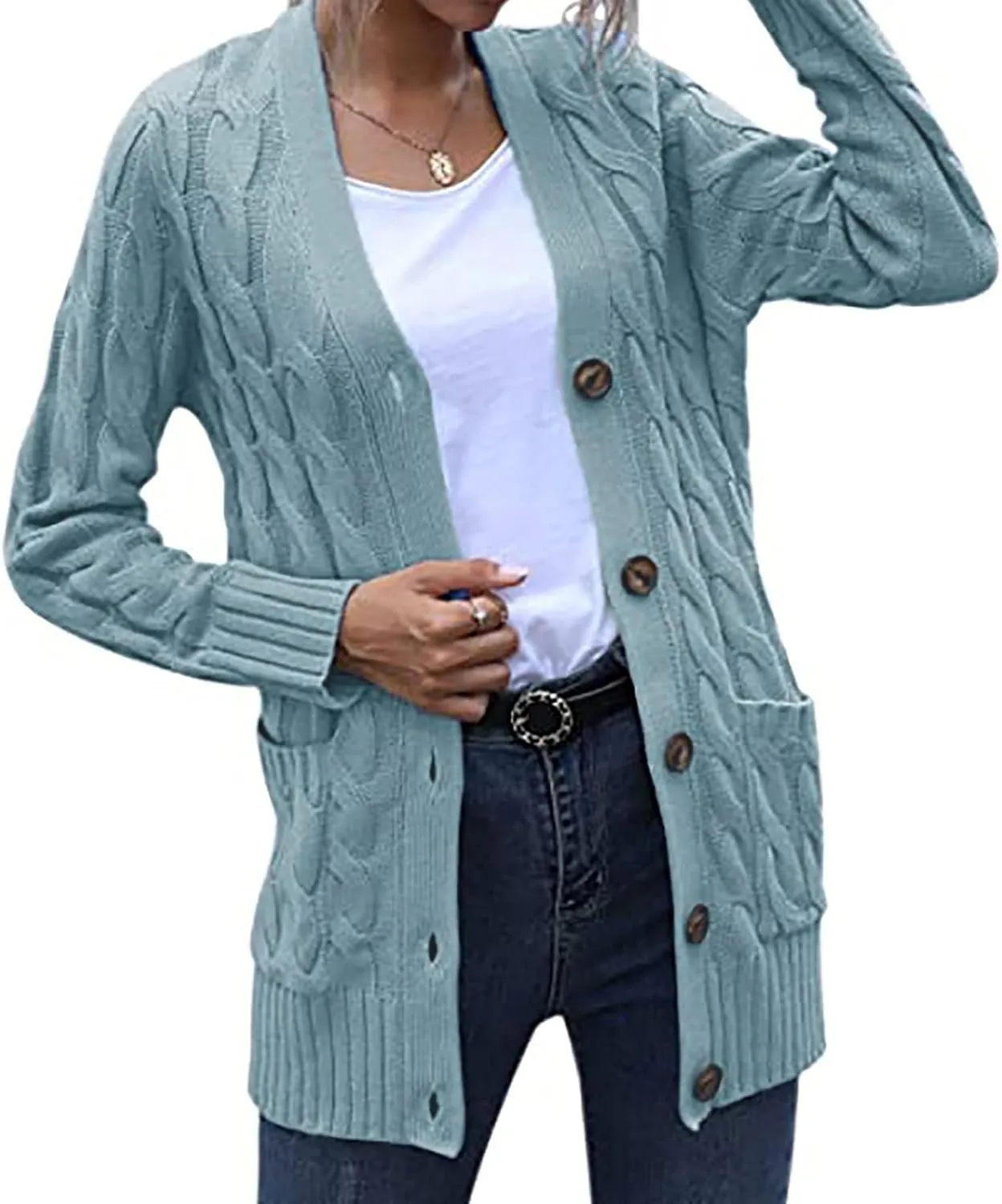 Sweaters for Women Fashion Open Front Long Sleeve Button Cardigans Chunky Cable Knitted Fall Winter Cardigan Outwear