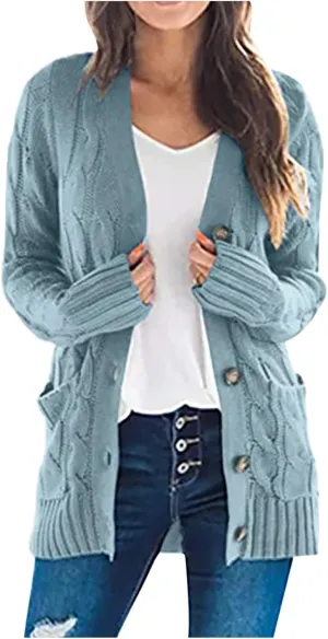 Sweaters for Women Fashion Open Front Long Sleeve Button Cardigans Chunky Cable Knitted Fall Winter Cardigan Outwear
