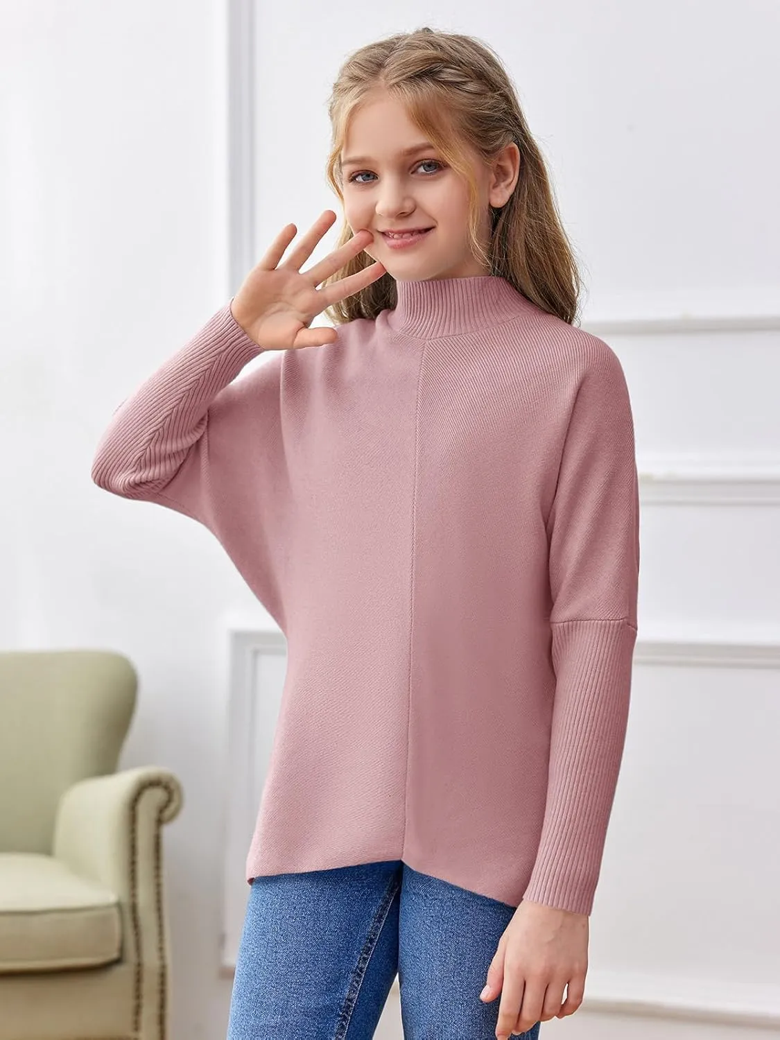 SySea Girls Pullover Sweaters Oversized Long Sleeve Turtleneck Knit Sweater Casual School Tops for 5-14 Years