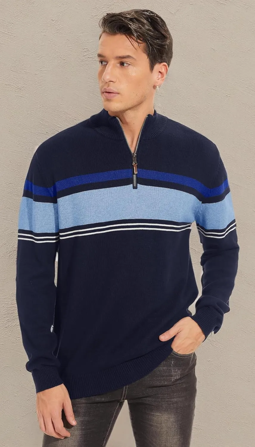TACVASEN Mens Sweater Quarter Zip Pullover Cotton Long Sleeve Sweaters Striped Causal Pullovers Fall Winter Sweatshirt