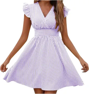 TANGNADE Women's Summer Midi Dress Striped Short Sleeve V Neck T Shirt Dresses Loose A Line Flowy Casual Beach Sundress