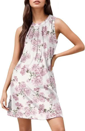 Tank Mini Dress for Women Casual Loose Sleeveless Crewneck Floral Dresses Beach Summer Vacation Short Sundress