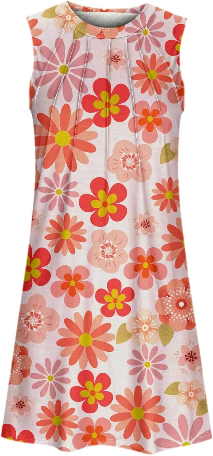 Tank Mini Dress for Women Casual Loose Sleeveless Crewneck Floral Dresses Beach Summer Vacation Short Sundress