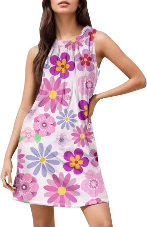 Tank Mini Dress for Women Casual Loose Sleeveless Crewneck Floral Dresses Beach Summer Vacation Short Sundress