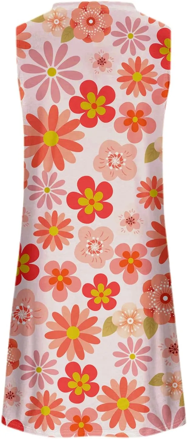 Tank Mini Dress for Women Casual Loose Sleeveless Crewneck Floral Dresses Beach Summer Vacation Short Sundress