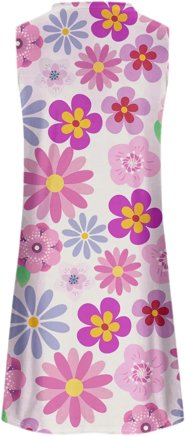 Tank Mini Dress for Women Casual Loose Sleeveless Crewneck Floral Dresses Beach Summer Vacation Short Sundress